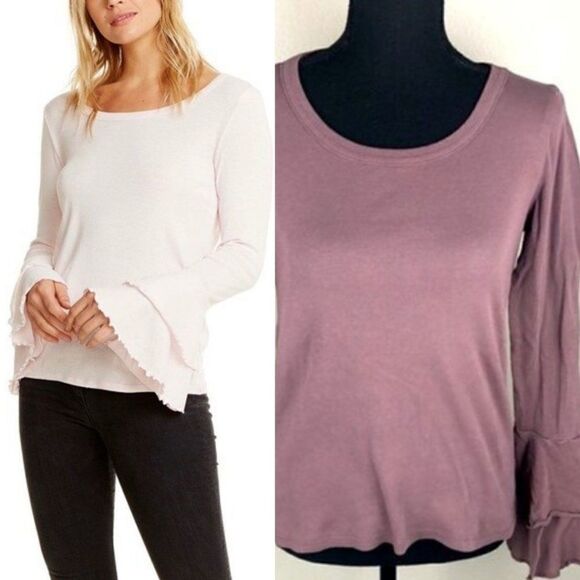 Chaser Tee Mauve Long Sleeve Double Ruffle Bell Sleeve Cotton Crew Neck Top S - Picture 1 of 10